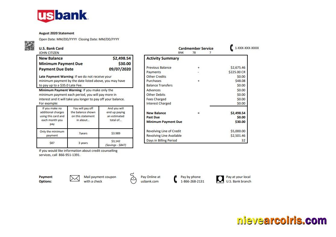 USA U.S. bank credit card statement in .doc and .pdf format